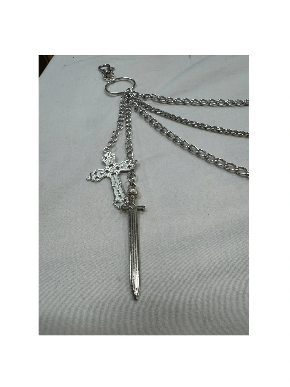 Silver Multi-Layer Chain with Sword & Cross Charms 19”